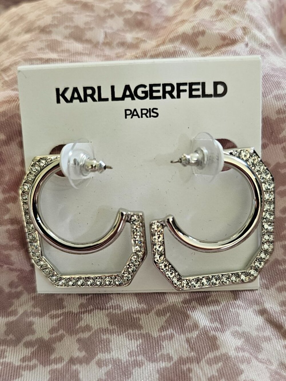 Karl Lagerfeld Paris Silver Crystal Geometric Hoop Earrings NWT